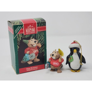 Hallmark 1990 Happy Woodcutter Christmas Ornament‎ Beaver+Penguin Bonus Ornament